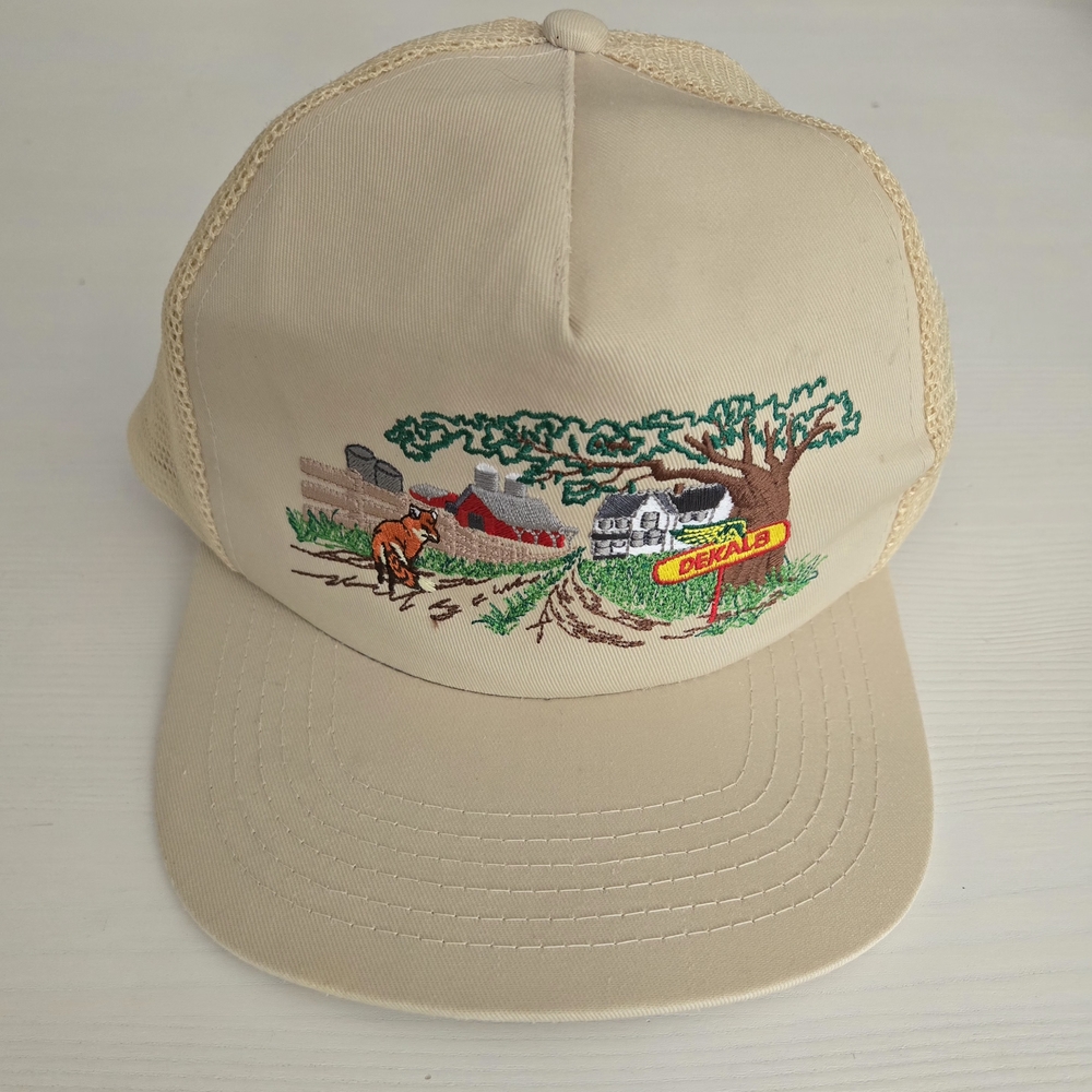 DEKALB Fox Farm Beige Vintage Trucker Hat with Embroidered Design